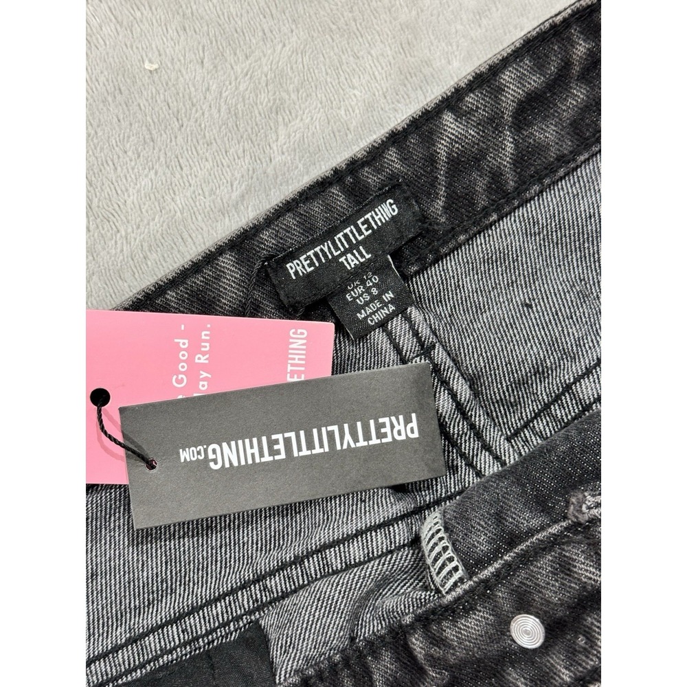 PrettyLittleThing Washed Black Frayed Raw Seam Wide Leg Jeans Y2K Grunge 8 Tall - Picture 2 of 8